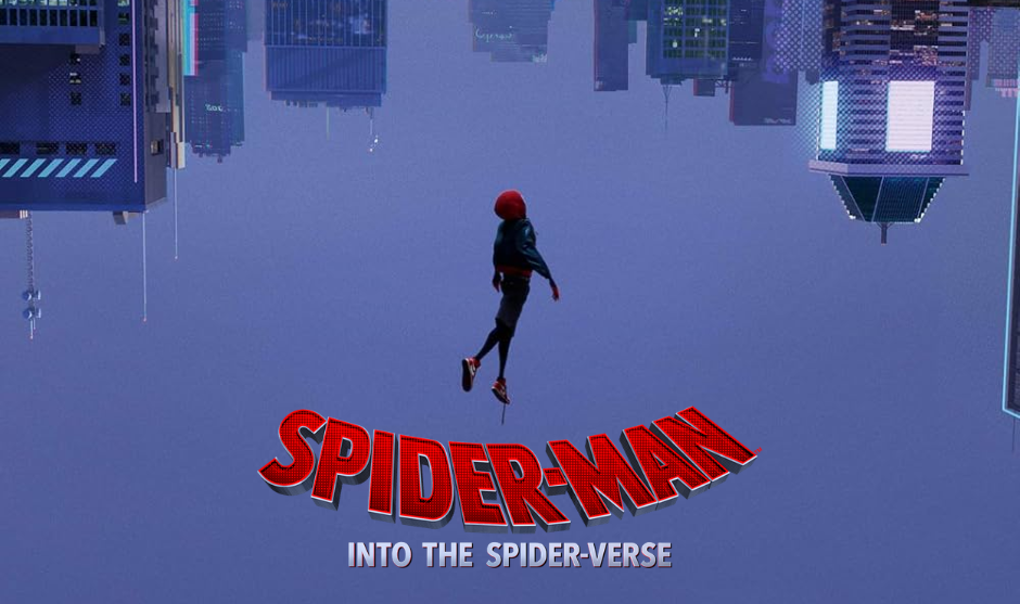 Movie banner for "Spider-Man: Into the Spider-Verse" featuring Miles Morales falling headfirst through a hazy blue sky against an upside-down city skyline, with the movie title logo at the bottom.