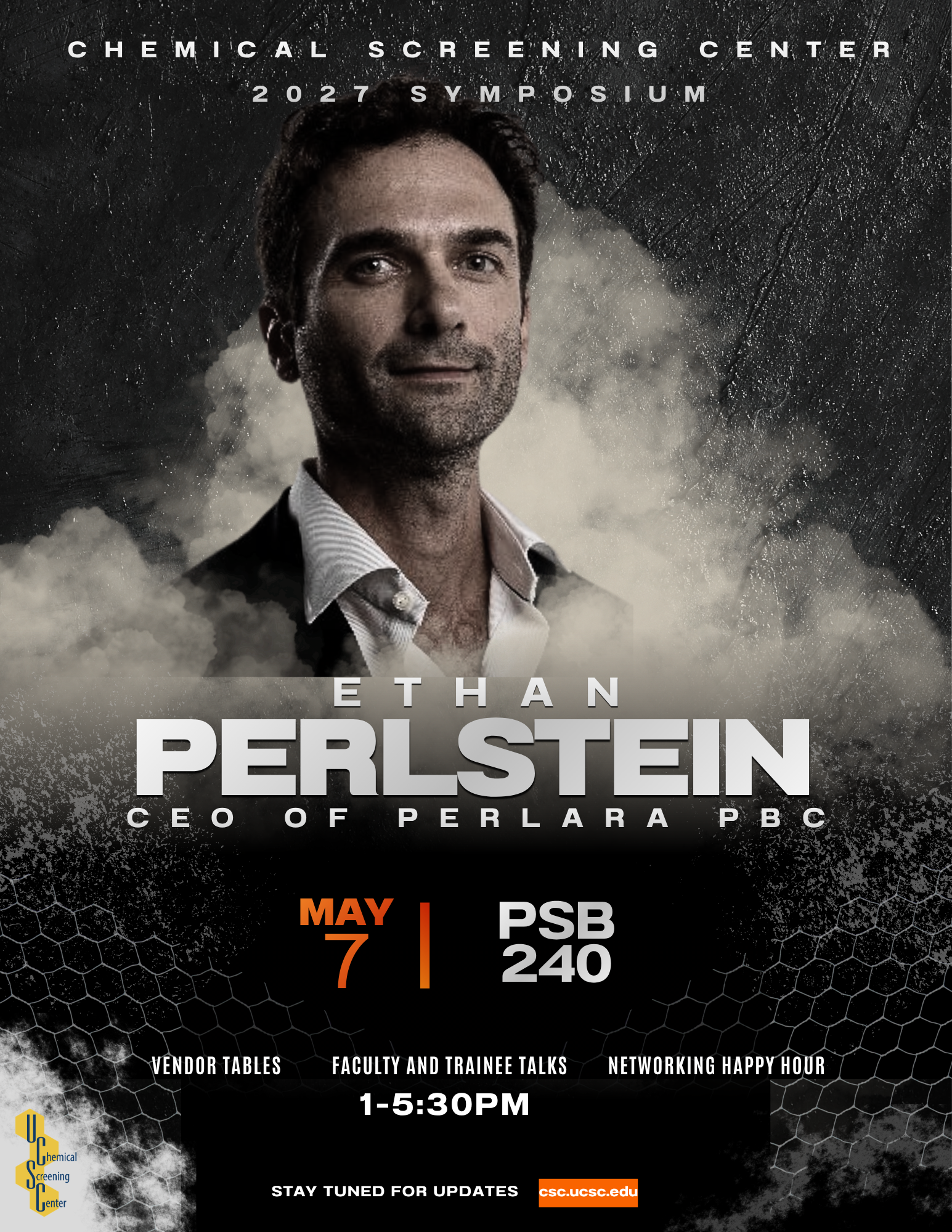 a dark, smokey industrial-looking movie-style poster featuring Ethan Perlstein's face and event info